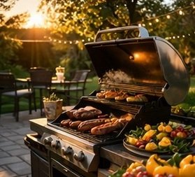 Backyard gas grill at sunset
