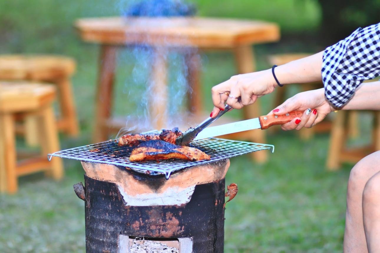 Meat grilling over charcoal coals