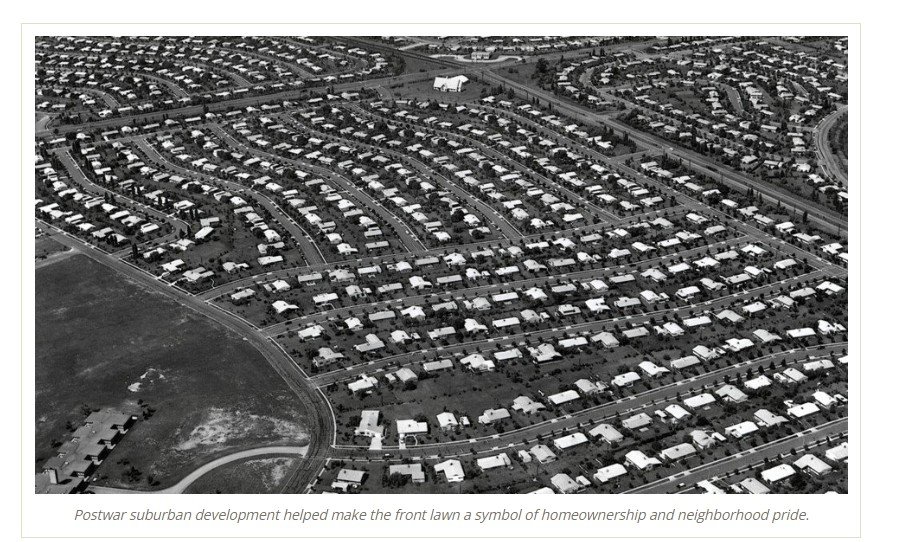 Aerial view of Levittown Pennsylvania circa 1959 showing postwar suburban lawns