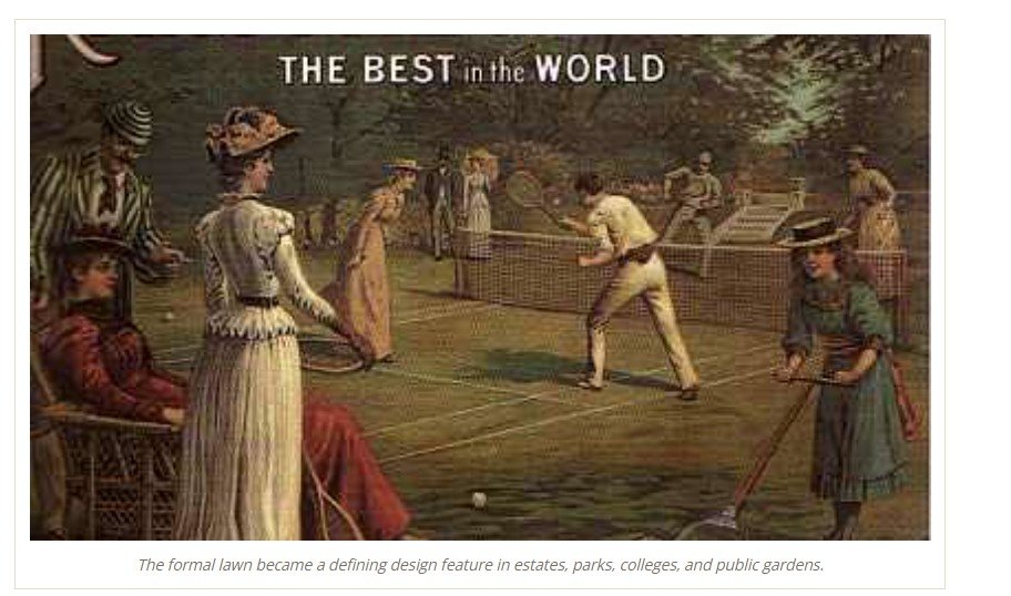 Players on a grass tennis court in Victorian England