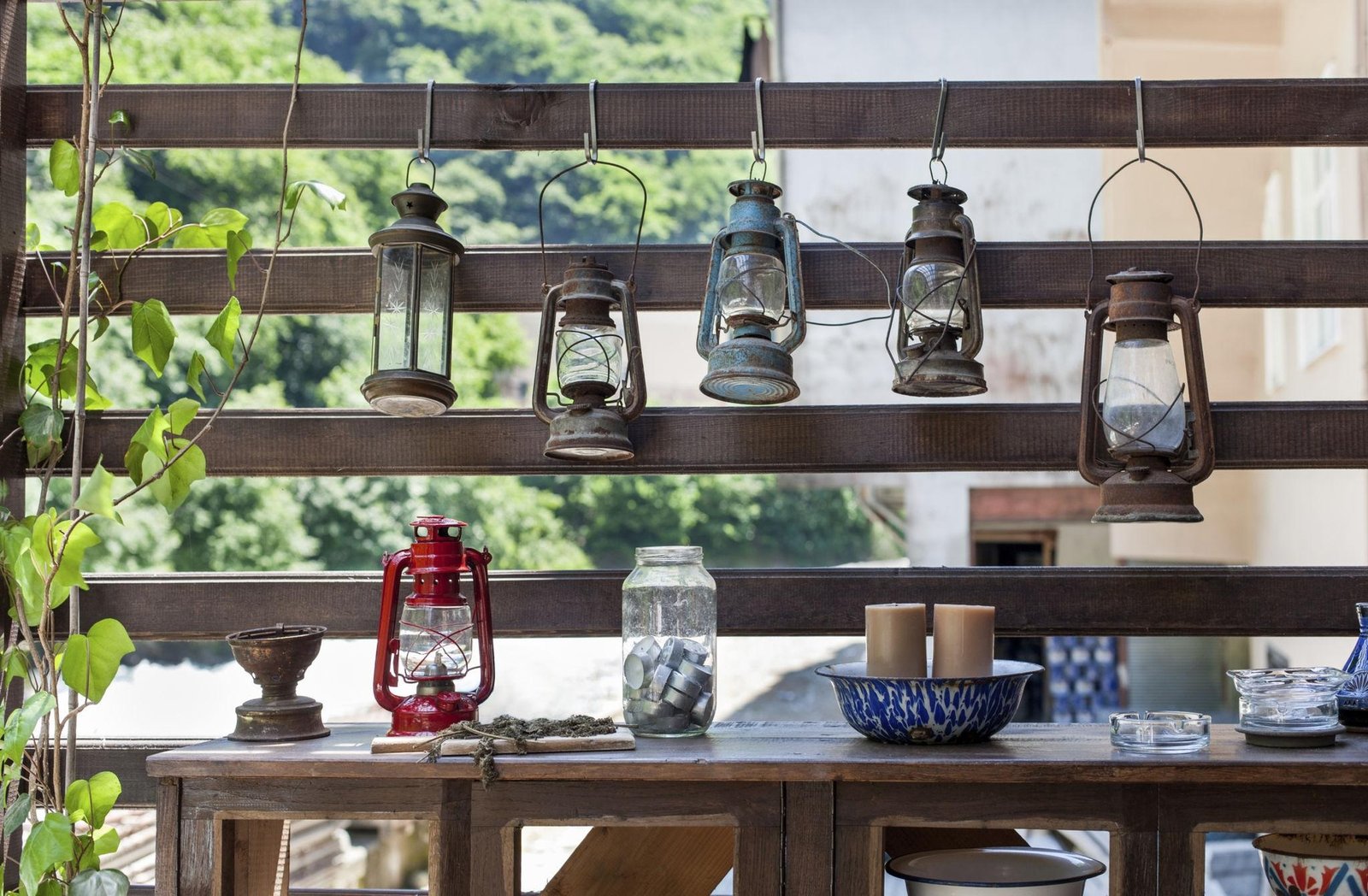 Outdoor lanterns glowing on a patio