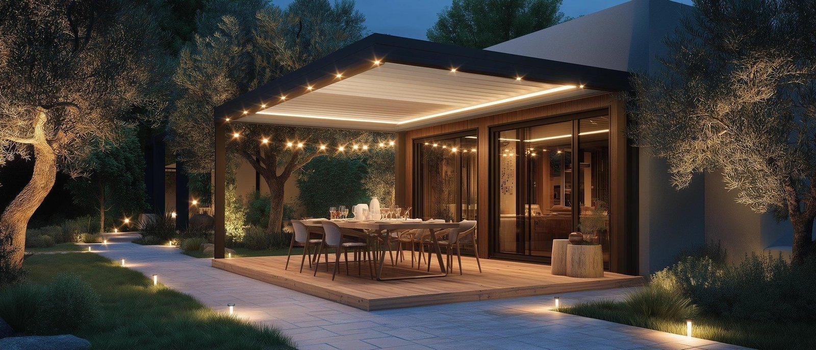 Luxury backyard with landscape lighting and patio lights at dusk