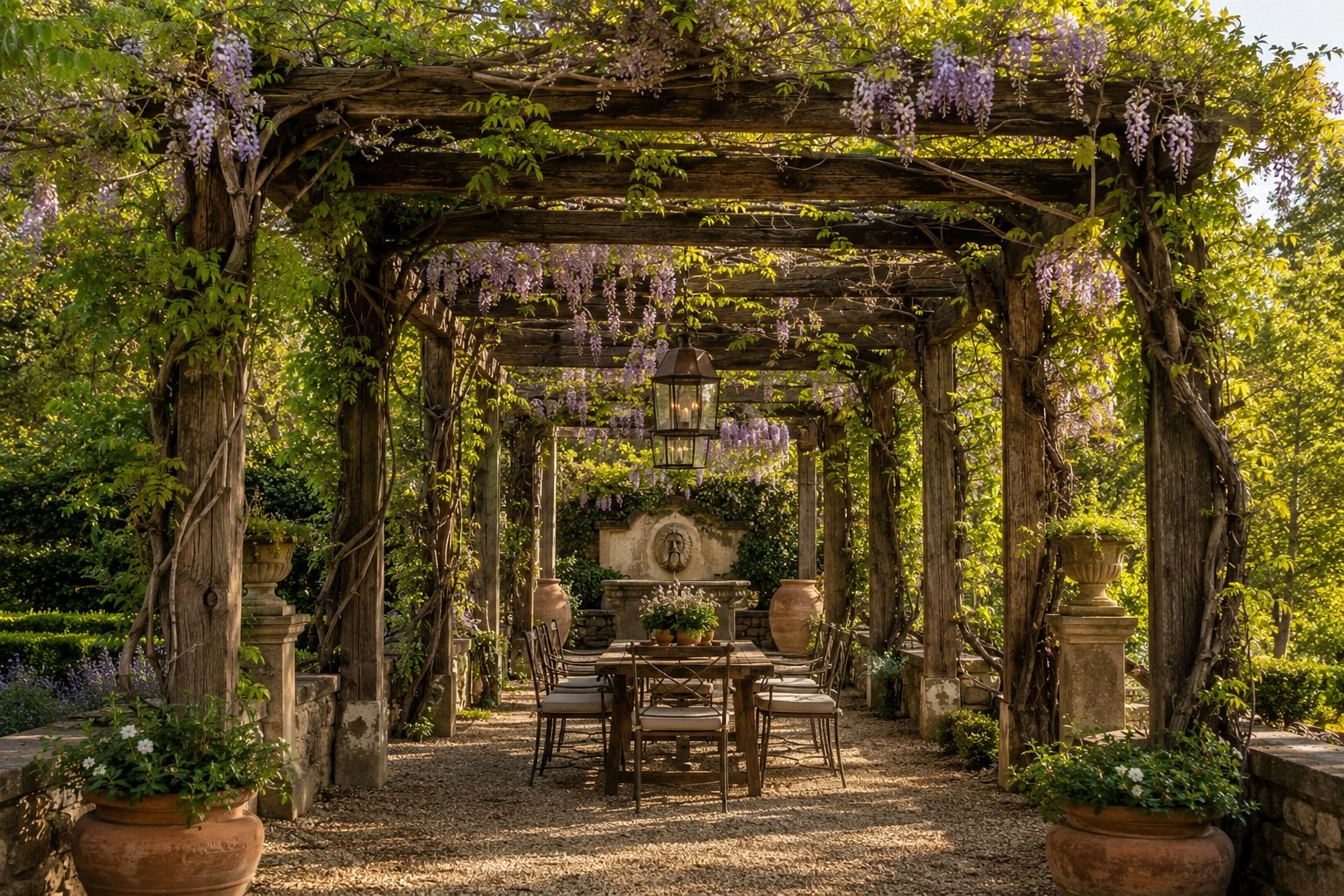 Stone archway covered in purple wisteria in an Italian Renaissance-era garden