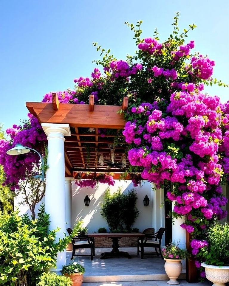 Mediterranean-style pergola covered in bright bougainvillea with outdoor dining table below