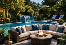 Beautiful outdoor living space with pool and patio furniture
