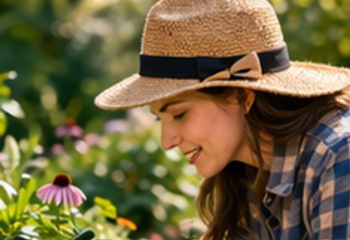 Woman inspecting garden plants naturally