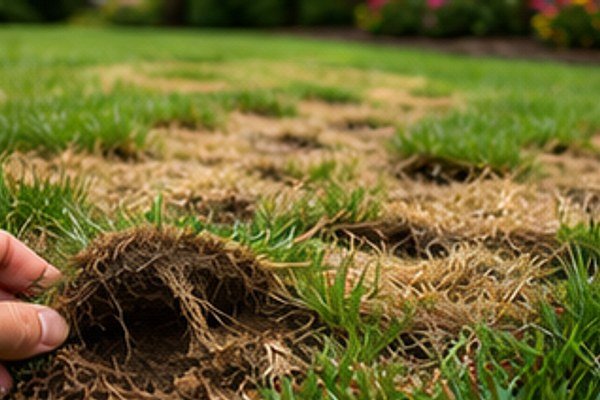 Grub-damaged patchy lawn